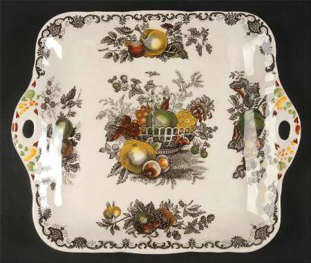 Fruit Basket Brown Multicolor Square Handled Cake Plate