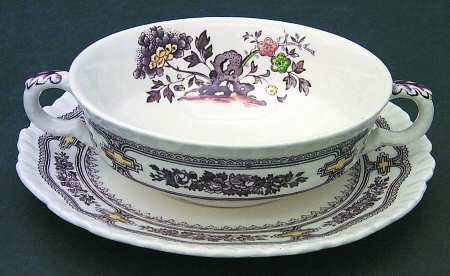 Manchu Brown Multicolor Footed Cream Soup Bowl & Saucer Set