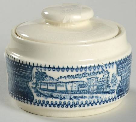 Currier and Ives Blue Sugar Bowl & Lid