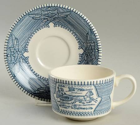 Currier and Ives Blue Flat Cup & Saucer Set