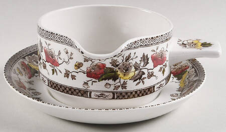 Jacobean Brown Multicolor Gravy Boat & Underplate