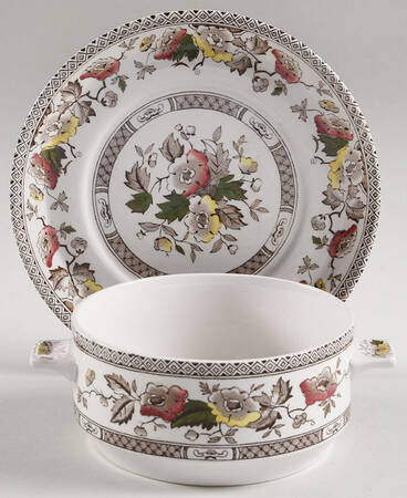 Jacobean Brown Multicolor Flat Cream Soup Bowl & Saucer Set