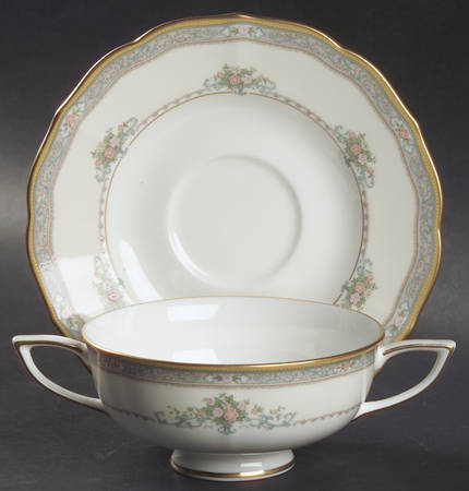 Bridal Bouquet Footed Cream Soup Bowl & Saucer Set