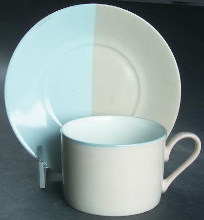 Half and Half Beige and Blue Flat Cup & Saucer Set