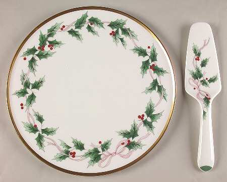 Ribbon Holly Cake Plate & Solid Ceramic Server Set (No Box)