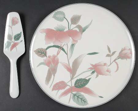 Silk Flowers Cake Plate & Solid Ceramic Server Set (No Box)