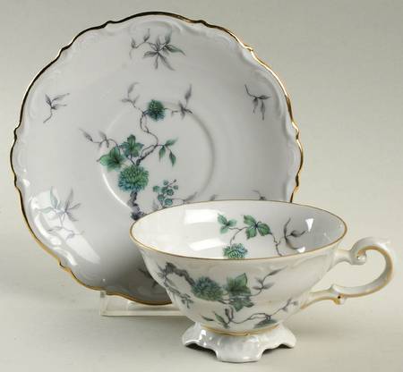 Green Ming (9901, Gold Trim) Footed Cup & Saucer Set