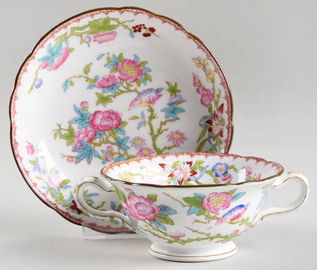 Cuckoo (Scalloped, White, Globe Backstamp) Footed Bouillon Cup & Saucer