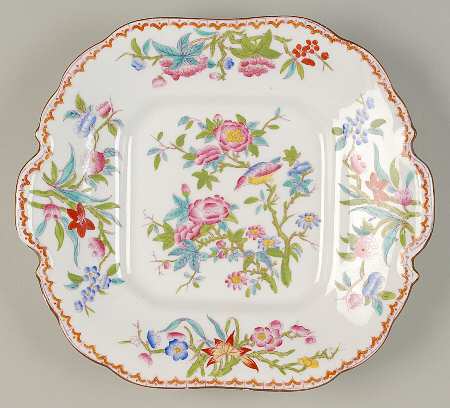 Cuckoo (Scalloped, White, Globe Backstamp) Square Handled Cake Plate