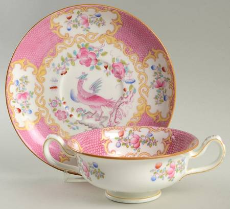 Cockatrice Pink (Smooth, Globe Backstamp) Footed Cream Soup Bowl & Saucer Set