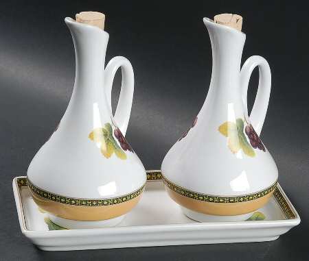 Fruit Odyssey 2 Oil/Vinegar Cruets with Cork Stoppers on Tray