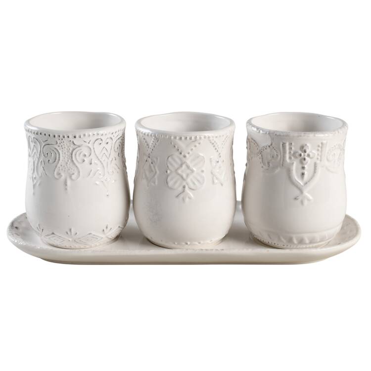 Blanc 3 Pc Ceramic Flatware Caddy & Tray