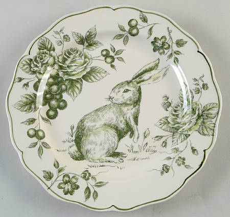 Green and White Toile Large Dinner Plate