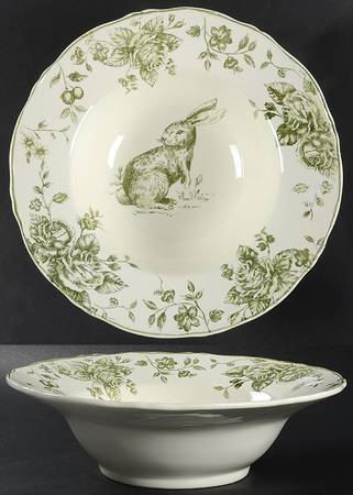 Green and White Toile 12" Round Serving Bowl