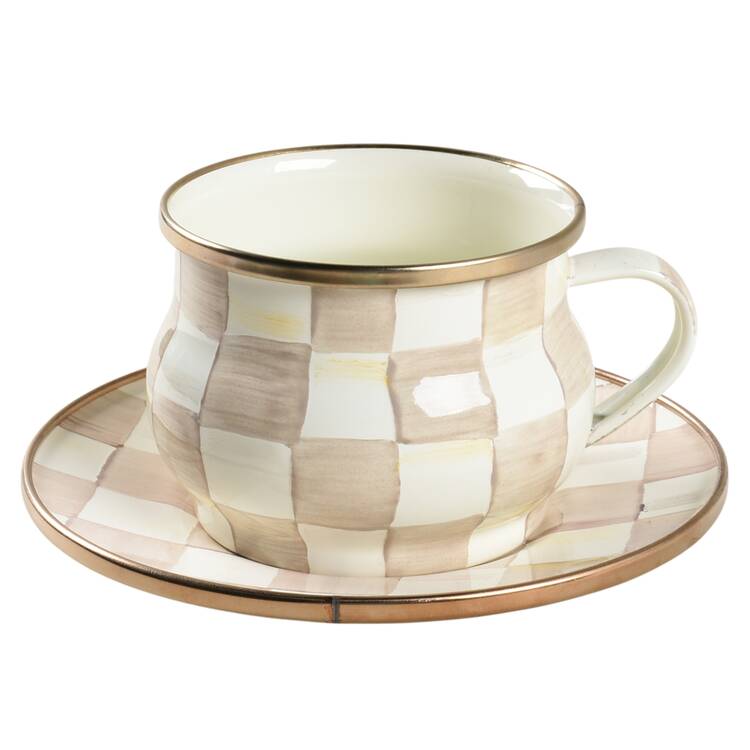 Mocha Check (Enamelware) Flat Cup & Saucer Set