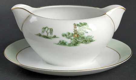 Oriental Green Gravy Boat with Attached Underplate