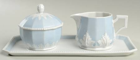 Perl Blue Creamer & Sugar with Lid & Tray Set