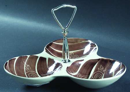 Intaglio Brown 3-Part Relish with Center Metal Handle by Purinton