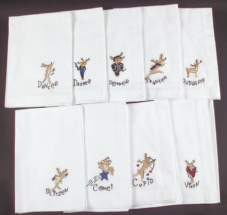 Reindeer Embroidered Cloth Dinner Napkin - Set of 9
