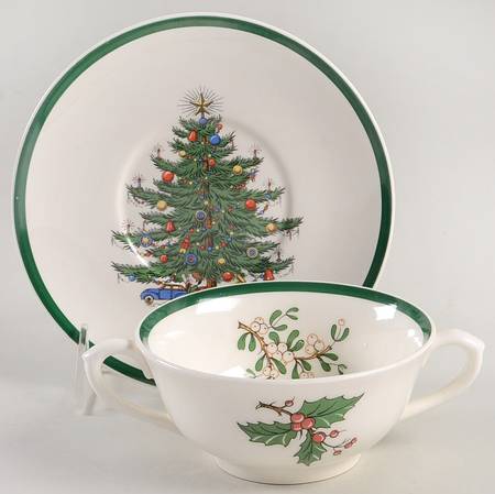 Christmas Tree Footed Cream Soup Bowl & Saucer Set