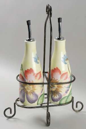 Flower Market 2 Oil/Vinegars Jars-Drizzle Spouts in Metal Holder
