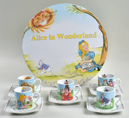 Alice in Wonderland's Cafe Flat Demi Cup & Saucer - Set of 5 Boxed (Motif 6-10)