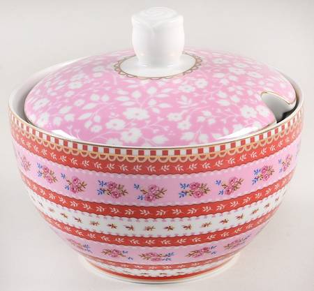 Floral Red Pink Sugar Bowl & Lid