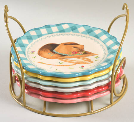 Gingham Dessert/Pie Plate - Set of 6 with Metal Rack