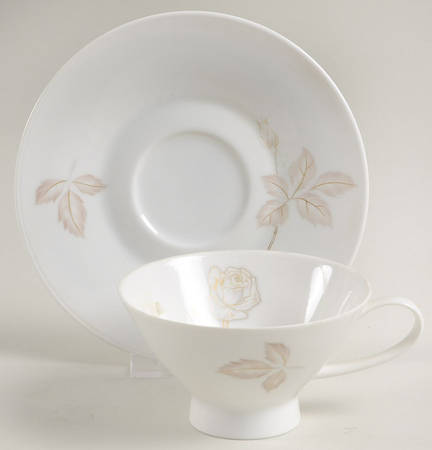 Classic Rose (White Rose, Brown Leaves) Footed Cup & Saucer Set