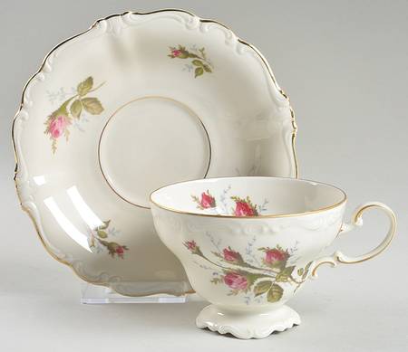 Moss Rose (Pompadour, Ivory Body, Off Center) Footed Cup & Saucer Set