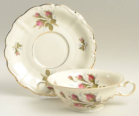 Moss Rose (Pompadour, Ivory Body, Off Center) Footed Cream Soup Bowl & Saucer Set