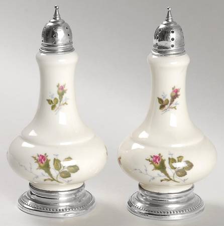 Moss Rose (Pompadour, Ivory Body, Off Center) Salt & Pepper w/Sterling Lid & Base
