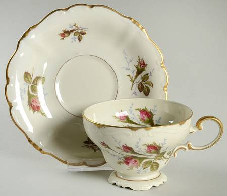 Moss Rose (Pompadour, Ivory Body, Off Center) Footed Cup & Saucer Set