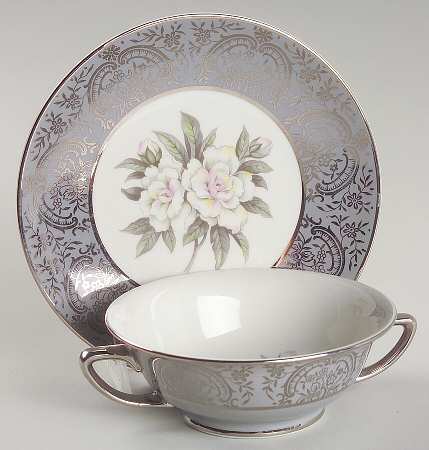 Silver Gardenia Footed Cream Soup Bowl & Saucer Set
