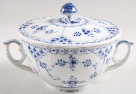 Blue Fluted Half Lace Border (No Trim) Flat Cream Soup Bowl & Lid Set