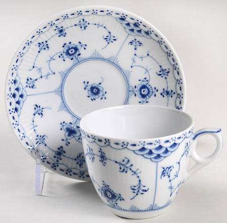 Blue Fluted Half Lace Border (No Trim) Flat Cup & Saucer Set