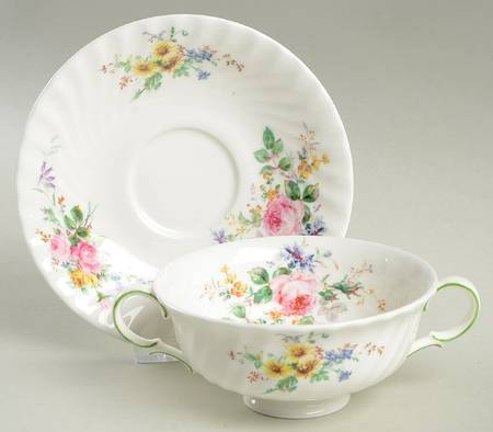Arcadia (New, Smooth, Brown Green Backstamp) Footed Cream Soup Bowl & Saucer Set