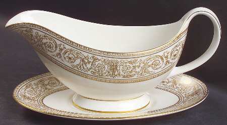 Sovereign (Gold Scroll and Leaf Rim) Gravy Boat & Underplate