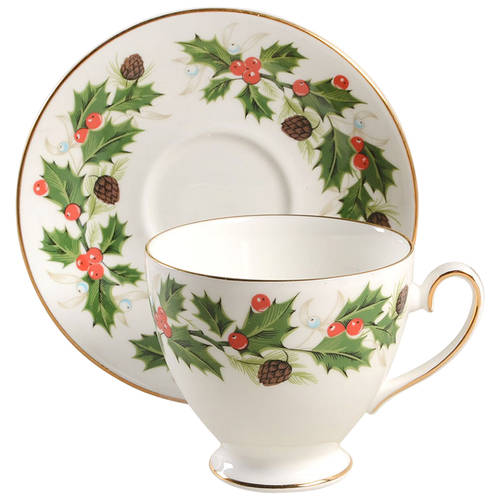 Noel (Holly Backstamp, Smooth) Footed Cup & Saucer Set