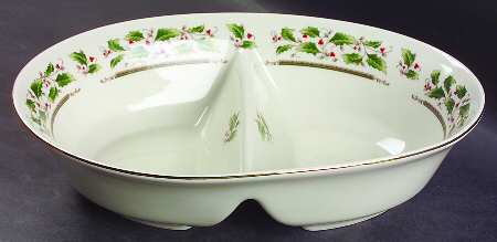 Holly Holiday 10" Oval Divided Vegetable Bowl