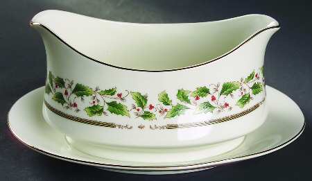 Holly Holiday Gravy Boat with Attached Underplate
