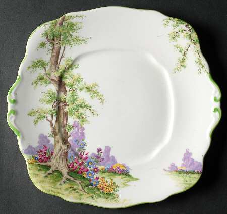 Greenwood Tree (Green Trim) Square Handled Cake Plate