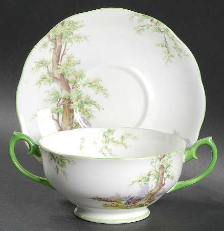 Greenwood Tree (Green Trim) Footed Cream Soup Bowl & Saucer Set