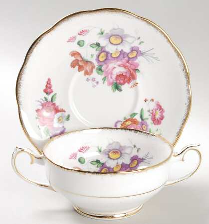 Lady Angela (Sprayed Gold Trim) Footed Cream Soup Bowl & Saucer Set
