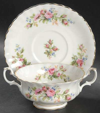 Moss Rose (Montrose Shape) Footed Cream Soup Bowl & Saucer Set by Royal Albert