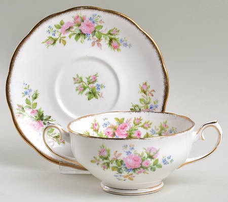 Moss Rose (Hampton, Older) Footed Cream Soup Bowl & Saucer Set