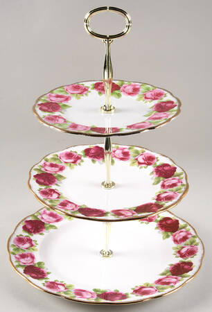Old English Rose (Brushed Gold Trim) 13 7/8"-14 1/4" 3-Tiered Serving Tray(DP,SP,BB) HC