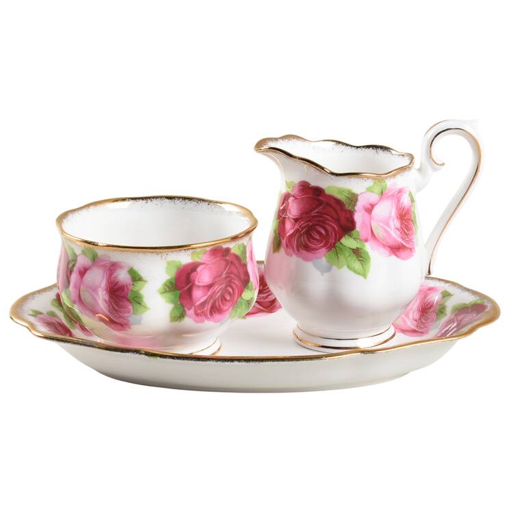 Old English Rose (Brushed Gold Trim) Tray for Mini Creamer & Open Sugar