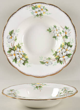 White Dogwood (Brushed Gold Grim Rim Soup Bowl by Royal Albert