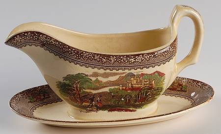 Jenny Lind Brown Multicolor (Leaf Border) Gravy Boat with Attached Underplate